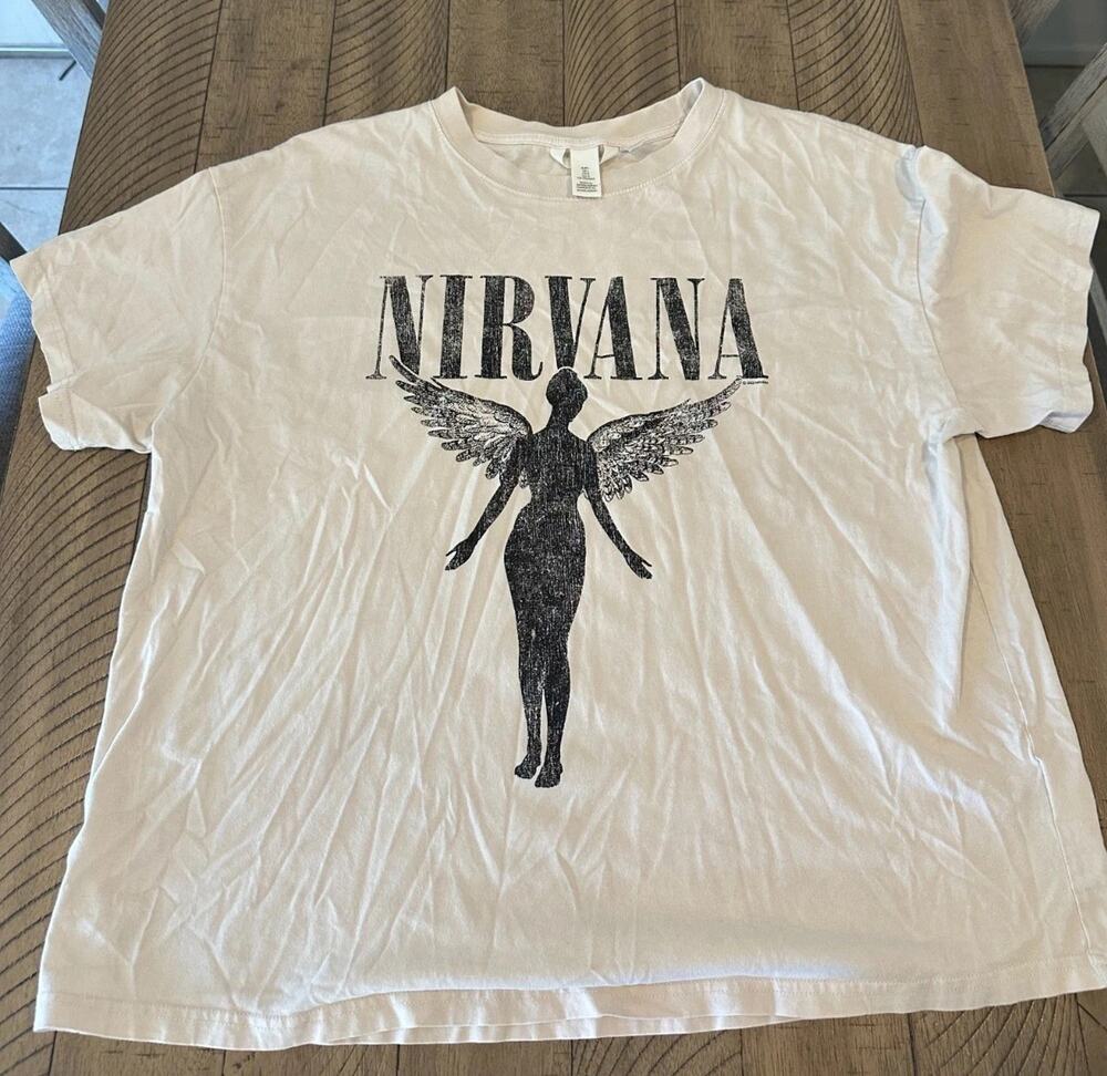 Nirvana Graphic T-Shirt Men's Size Large Beige Angel Print H&M Grunge Tee